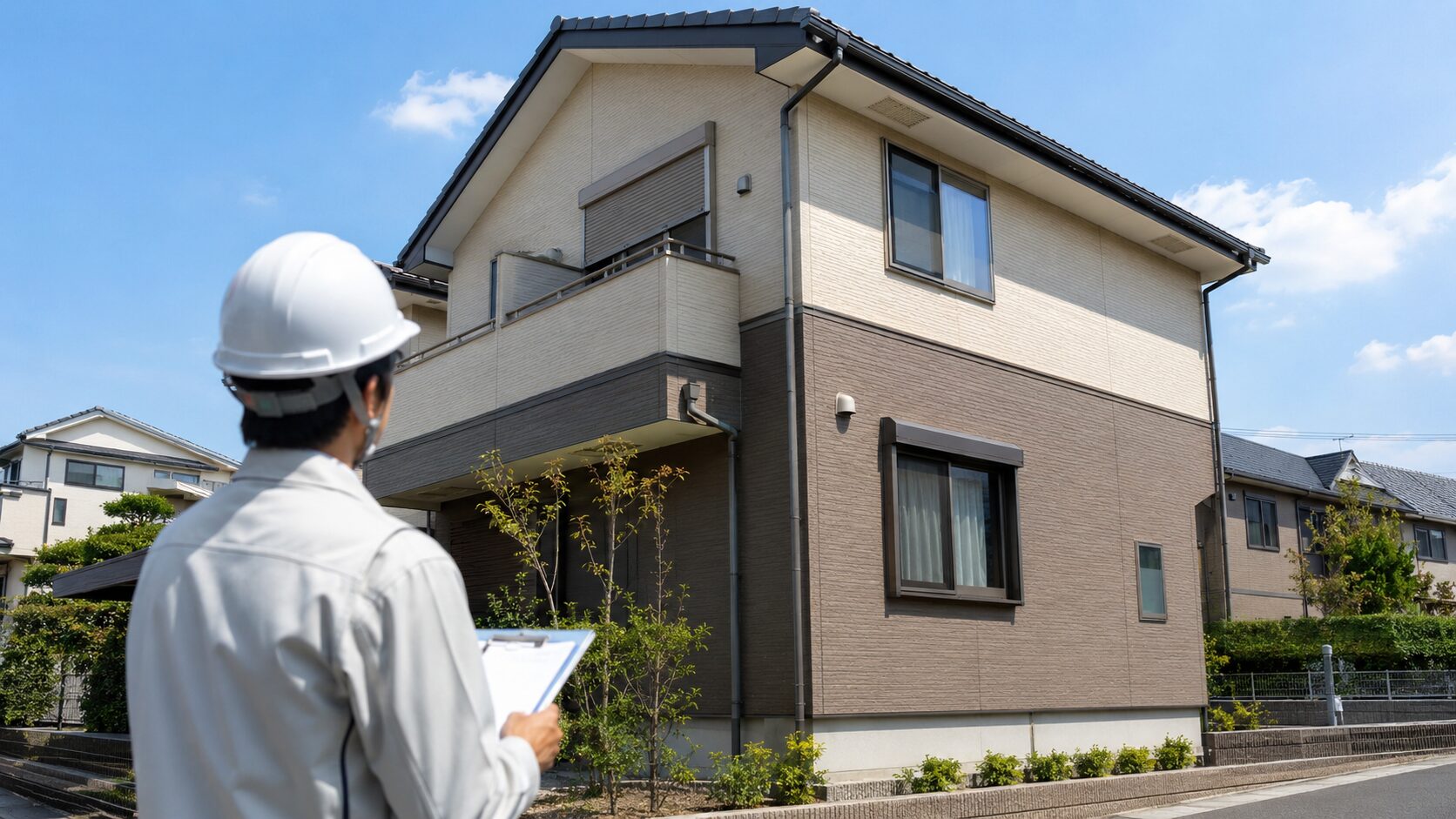 京都市の外壁塗装で雨樋や軒天などの付帯部を確認する現地調査